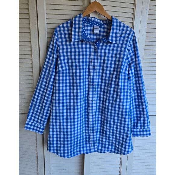 Blair Women's Button Up Blouse Sz 1X  Blue Gingham Check Classic Retro Casual - Picture 1 of 10